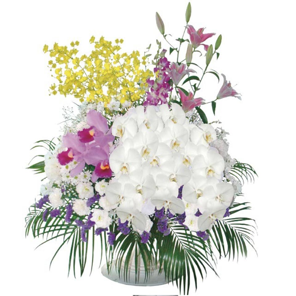 白い胡蝶蘭とピンク系の花々を組み合わせた供花