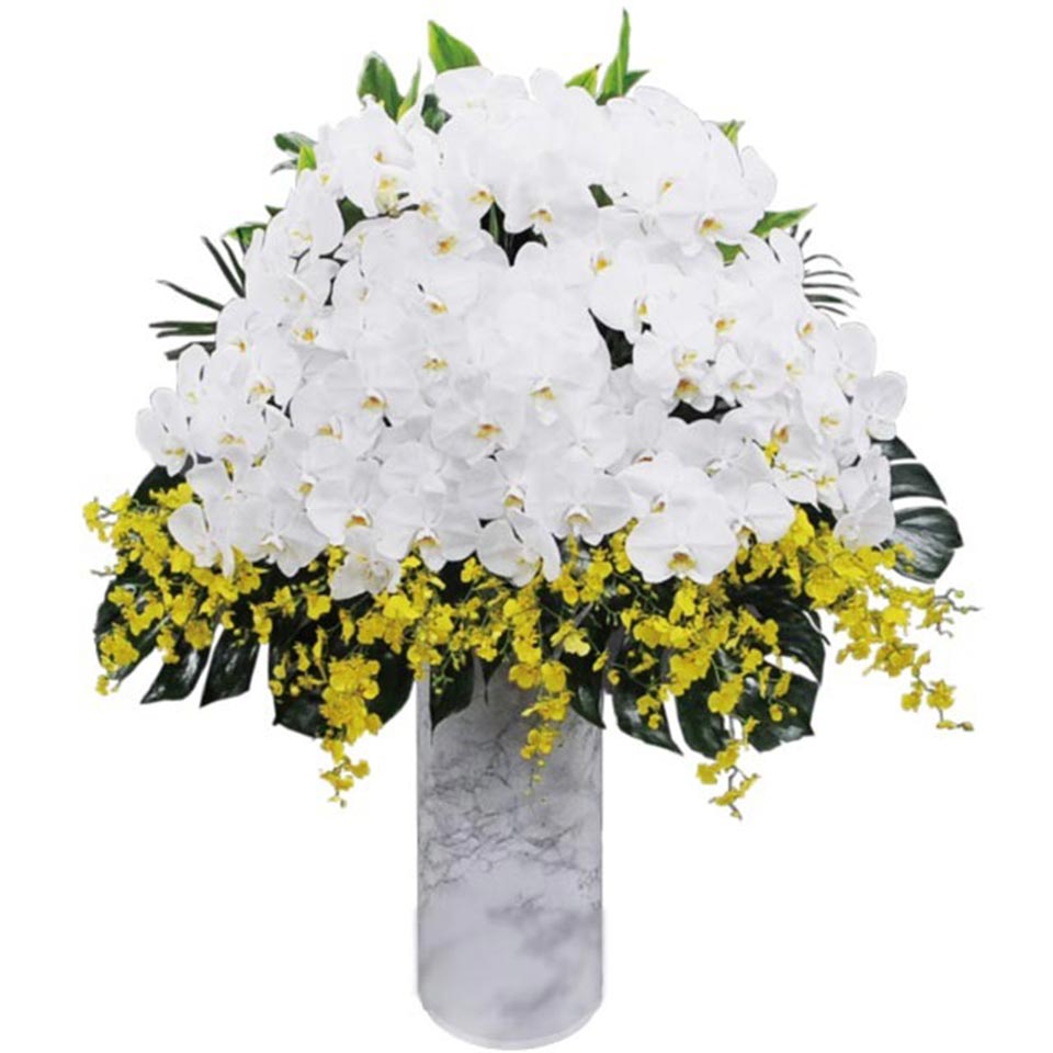 胡蝶蘭と黄色のオンシジウムをあしらった供花
